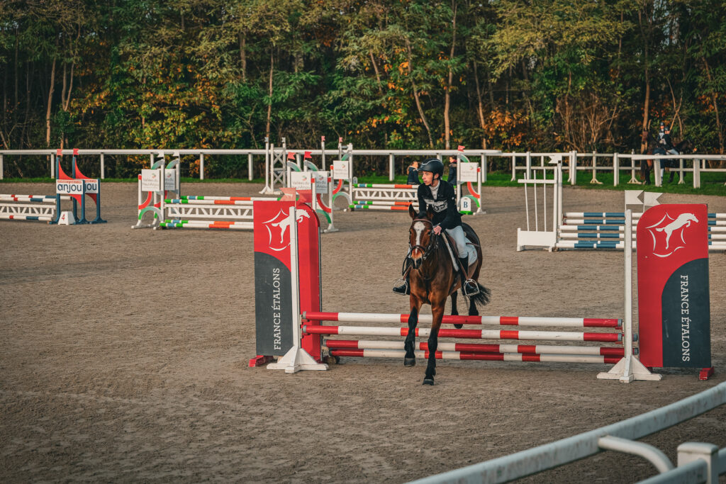 Cavalier et son cheval sautant un obstacle durant le concours complet de novembre 2024 au Parc de l'Isle Briand